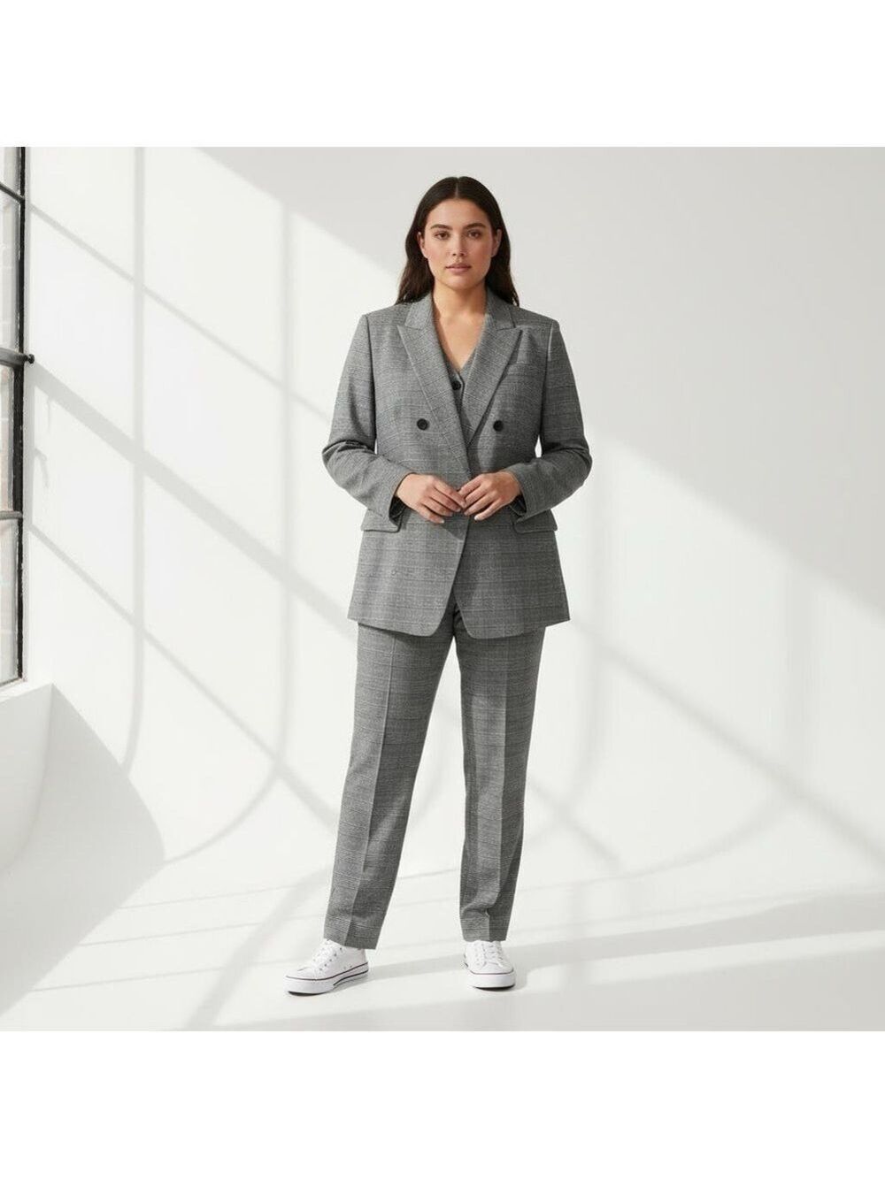 LOFT 2 piece suit set Plaid boyfriend double breasted blazer & pants Grey